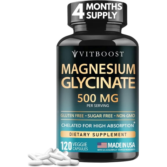 VITBOOST Magnesium Glycinate 500mg - High Absorption Chelated Supplement - Non-GMO, Vegan - 120 Natural Veggie Capsules - Made in USA