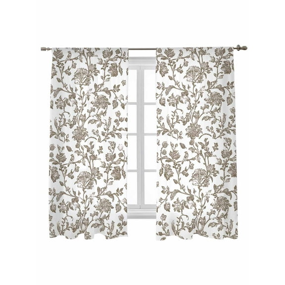 Vintage Brown Floral Sheer Curtains 72 inches Long 2 Panels Set Farmhouse Flower Pastoral Style Sheer Window Curtain Rod Pocket Voile Drapes for Living Room/Bedroom, Each 52" W x 72" L