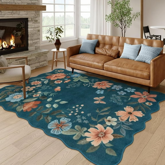 Moynesa 8'x10' Floral Washable Area Rugs, 8x10ft Soft Bedroom Large Rug for Living Room Ultra-Thin Non Slip Dining Room Rug, Stain Resistant Boho Rugs Easy Clean Throw Carpet for Office,Blue