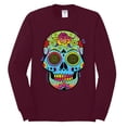 thumbnail image 2 of Wild Bobby, Colorful Floral Sugar Skull Streetwear Mens Long Sleeve Shirt, Maroon, 2XL, 2 of 3