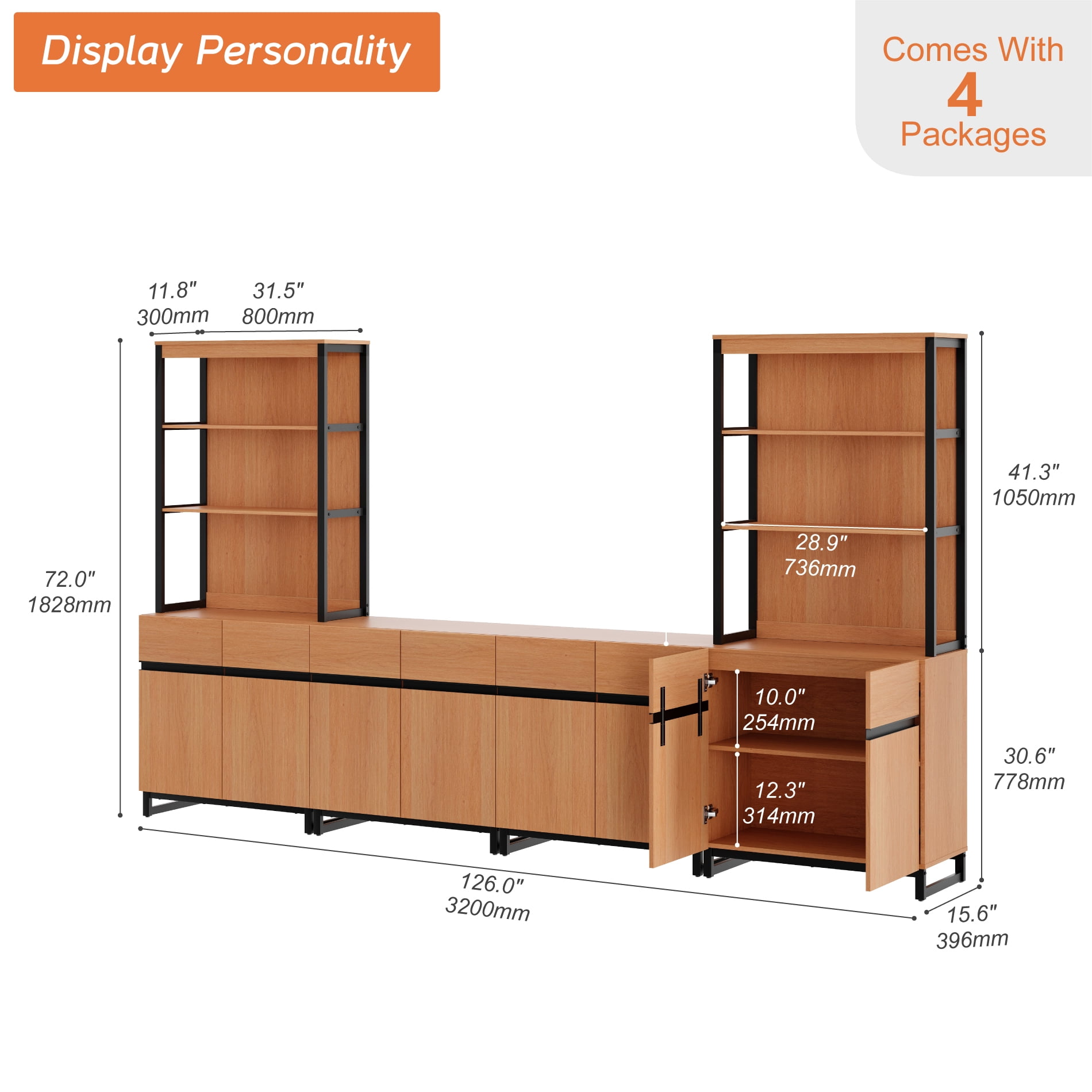 WAMPAT Modern Farmhouse TV Stand with 3-Tier Bookshelf & 4 Large Storage Cabinets, Adjustable Shelf Wooden Media Console with Black Metal Legs Entertainment Center for Living Room