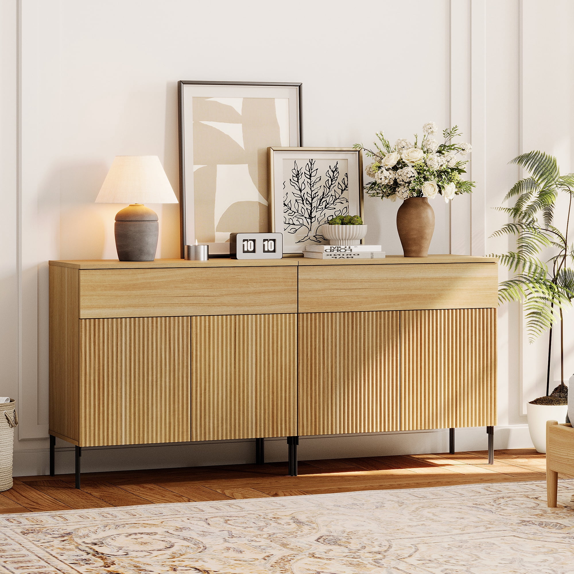 4 Pcs Bedroom Set，Wooden Dresser and Nightstand Sets for Bedroom, Reeded Dresser Set with Doors, Night Stand of 2 with Charging Station
