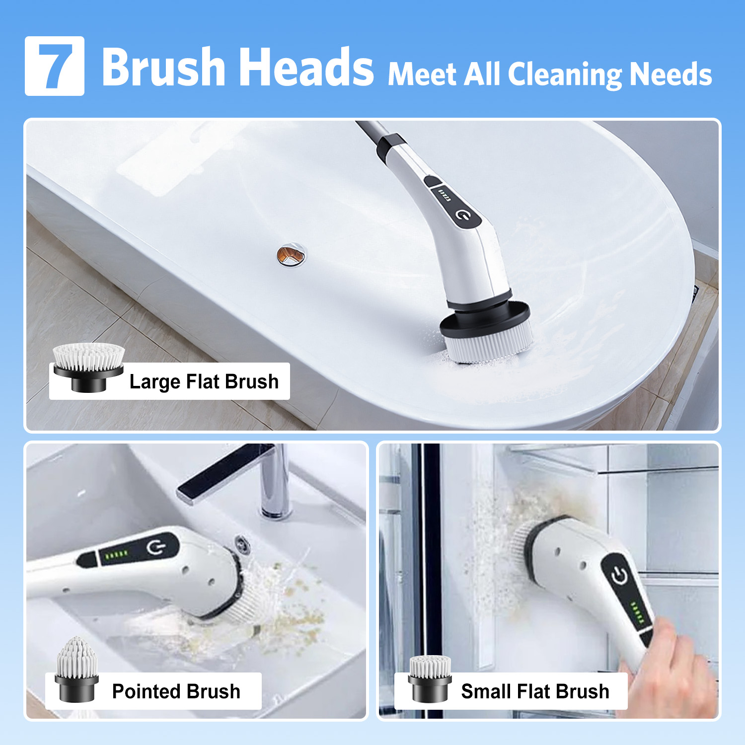 HOOFUN Electric Spin Scrubber, Cordless Bath Tub Power Scrubber with Long Handle & 7 Replaceable Heads, Detachable as Short Handle, Shower Cleaning Brush Household Tools for Bathroom & Tile Floor