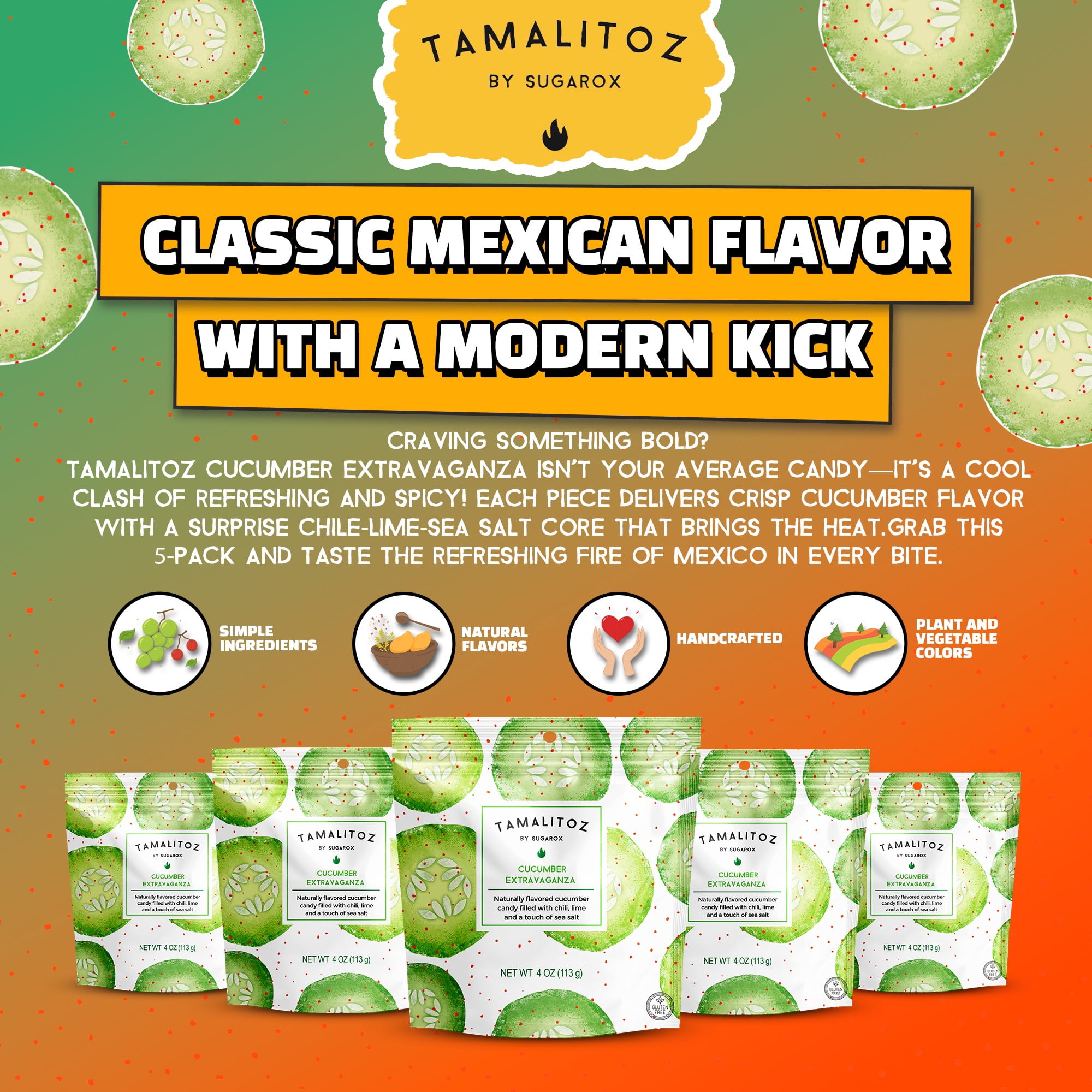 Tamalitoz Cucumber Extravaganza – Spicy Mexican Hard Candy – 5 Bags (4oz Each)