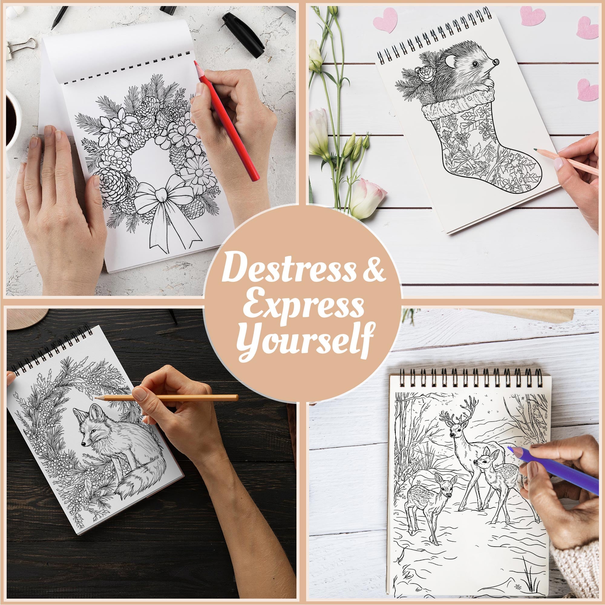 Netecom Christmas Nature Coloring Book Spiral Bound for Adults, A5 Wooden Cover, 30 Beautiful Coloring Pages of Serene Winter Landscapes for Stress Relief and Relaxation