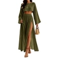 thumbnail image 2 of Womens Matching Sets Summer 2 Piece Beach Vacation Outfits Long Sleeve Crop Top High Slit Maxi Skirt Set Resort Wear, 2 of 6