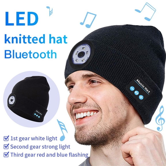 Bluetooth LED Beanie Hat with Headlamp and Speakers, Unisex Knitted Music Hat for Winter Running, Camping, Hiking, Non-Removable Light, Hand Wash Only