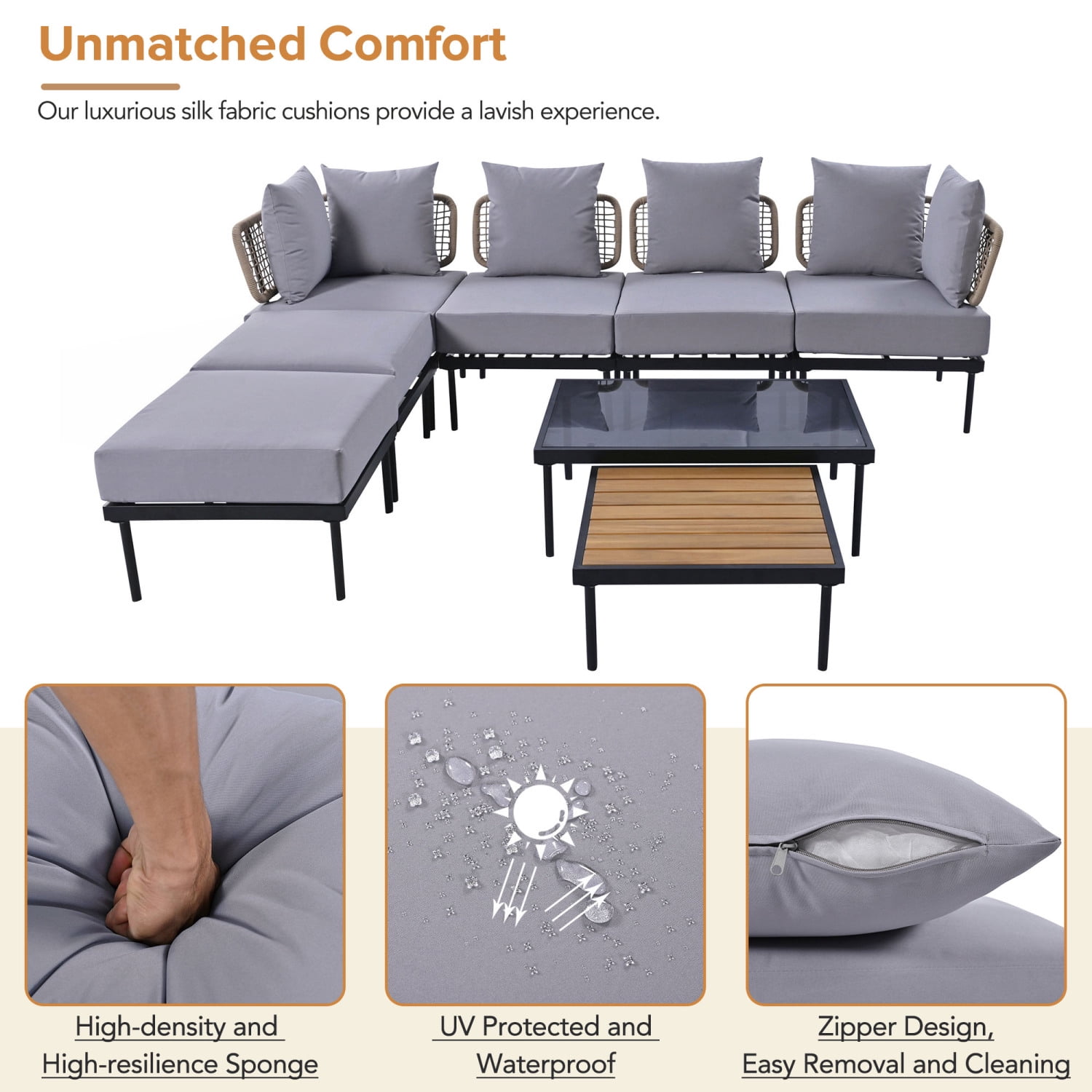 Harper & Bright Designs Outdoor Metal Conversation Furniture Set, 8 Pieces Patio L Shaped Sectional Sofa Set with Glass Coffee Table and Wooden Coffee Table for Garden Backyard, Light Gray