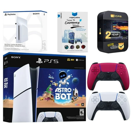 Sony PlayStation 5 Astro Bot Slim Digital Bundle with Disc Drive, Extra Controller, MightySkins Voucher and 2 Year Extended Warranty - Cosmic Red