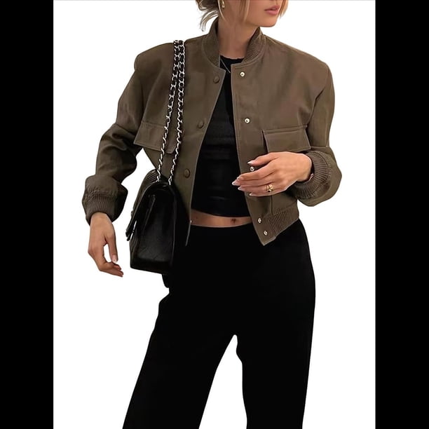 Chaqueta con Botones y Hombros Caídos para Mujer, Abrigo Corto y Prendas de Abrigo Verde L