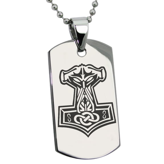 Tioneer Stainless Steel Mjolnir Thor's Hammer Viking Norse Engraved Dog Tag Pendant Necklace