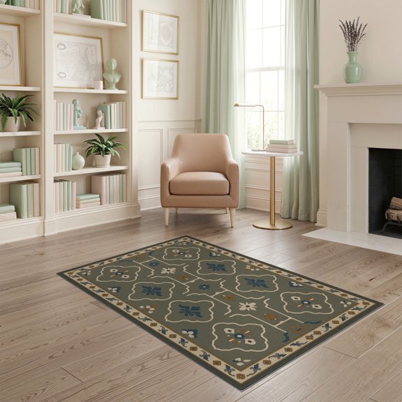 ODIKA 4'x6' Green Sage Medallion Pattern with Gold Washable Area Rug Traditional Quatrefoil Design Ornate Floral Border for Home Office, Under Desk, Non-Slip Chair-Friendly, Flatwoven