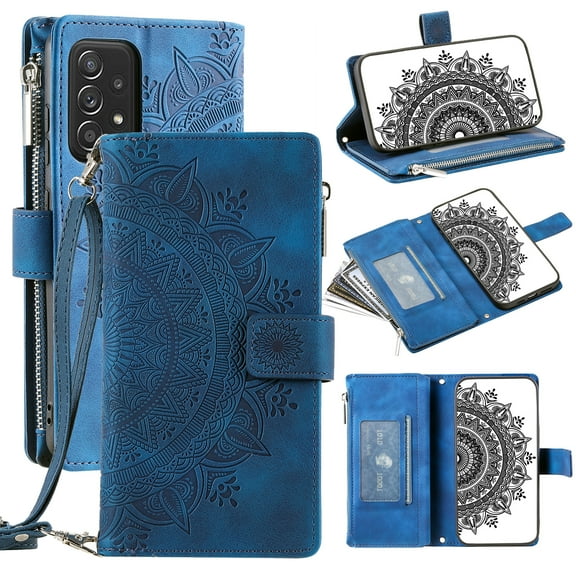 Compatible with Samsung Galaxy A53 5G 6.5 Inch Wallet Case,Removable Adjustable Crossbody Necklace Lanyard Shoulder Strap Zipper Magnetic Embossed Leather Card Slot Case, Blue
