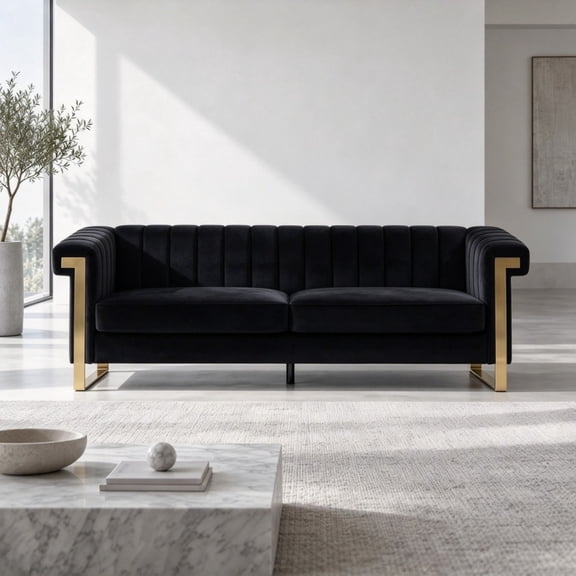 Jivora 83.9" Modern Velvet 3-Seat Sofa, Channel Tufted Couch with Gold Metal Legs