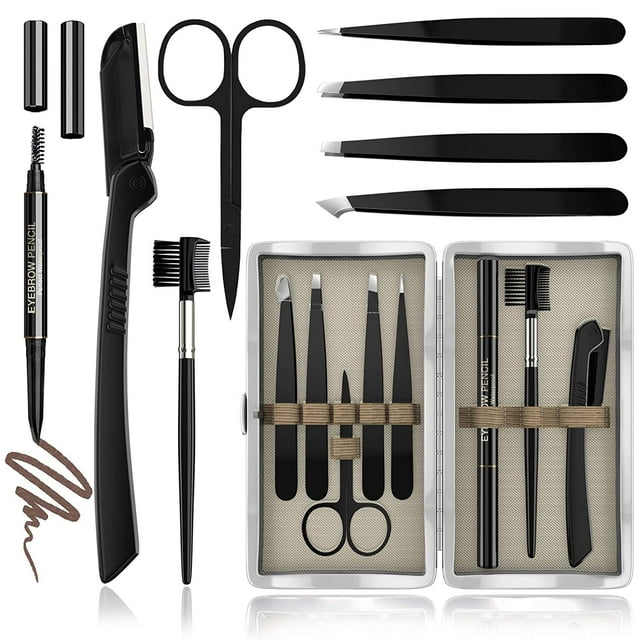 Kit, 8in1, Multipurpose Eyebrow Tweezers Kit, Eyebrow Shaping, Grooming and Trimming Kit, Includes Razor, Pencil, Scissors and Brush with Comb
