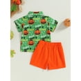 thumbnail image 3 of Toddler Boys Halloween Outfits Short Sleeve Pumpkin Print Tops Button Down Lapel Shirt + Shorts Thanksgiving Clothes Set, 3 of 7