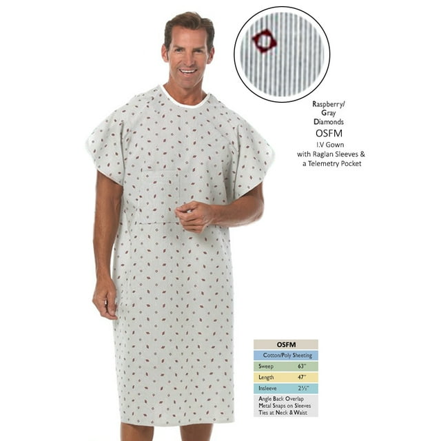 Personal Touch Angle Back Overlap Premium Patient IV Sleeves Hospital Gown With Telemetry Pocket in Raspberry Grey Diamonds print, shown in a front-facing view. The gown features raglan sleeves with four stainless steel ring snaps, a center breast telemetry pocket for concealing wires, and ties at the neck and waist for full coverage. Made from cotton/poly sheeting, it measures 63 inches in sweep, 47 inches in length, and has a 2.5-inch insleeve. Pack of 2, designed for patient comfort and modesty.