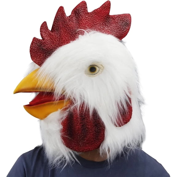 MAKEATREE Chicken Mask, Rooster Head for Adult, White, Latex, Halloween Masquerade Cosplay Full Head Prop Decor