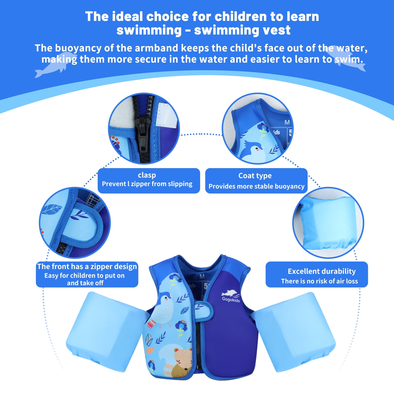 Gogokids Kids Swim Vest with Strong Buoyancy, Toddler Flotation Jackets with Armbands, Child Swimming Aid for 30-50 Pounds Girls and Boys (2-6 Years)