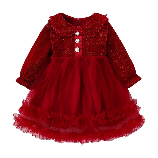 HBFAGFB Robe Fille Tout-Petit Col à Revers Boutonnée Manches Longues Sequins Volants Robes de Soirée Rouge Taille 8