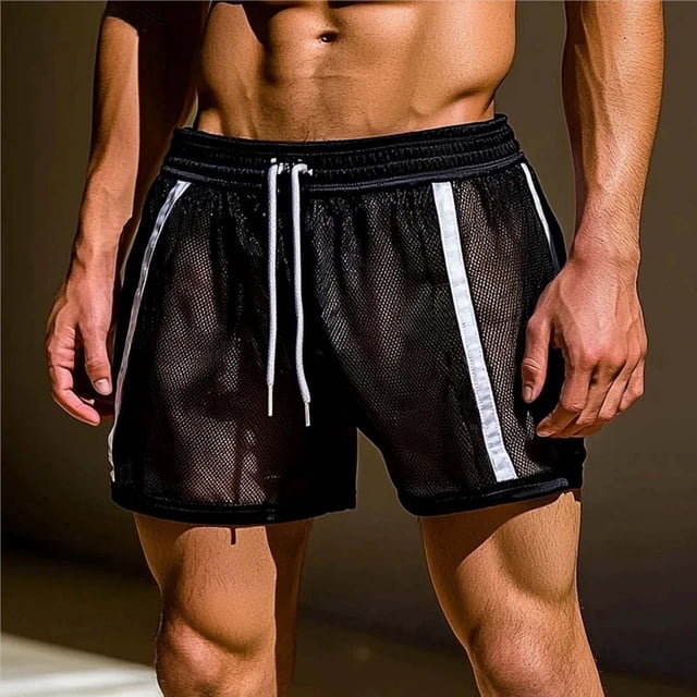 Ceisia Men's Summer Striped Color Blocked Gift Shorts - Hollow Perspective Sports Drawstring Elastic Waist Quick-Dry Beach Gym Shorts