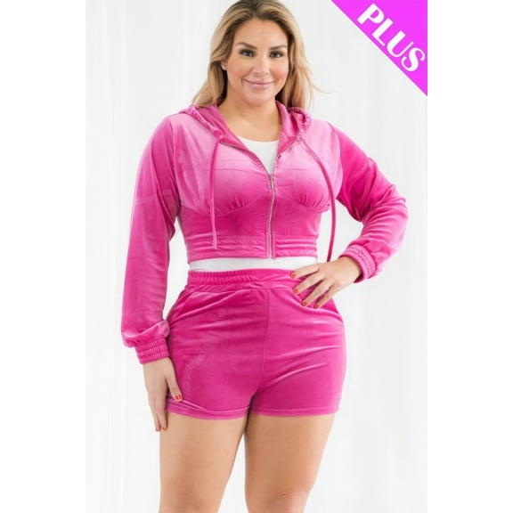 Saronite Velour Crop Zip Up Soft Long Sleeve Crop Top Hoodie Jacket & Shorts Set, Hot Pink (Women's)