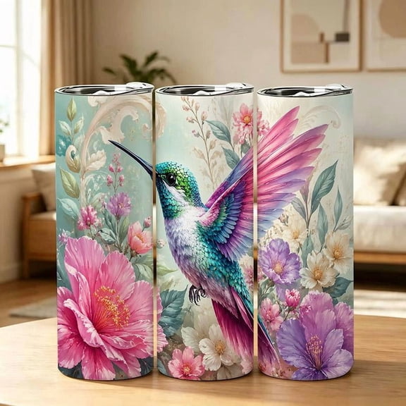 20oz Colorful Hummingbird and Floral Pattern Stainless Steel Tumbler， Tumbler with Lid Vacuum Insulated Travel Mug， Coffee Cups With Lids， Perfect Gifts For Birthday Holidays Gifts