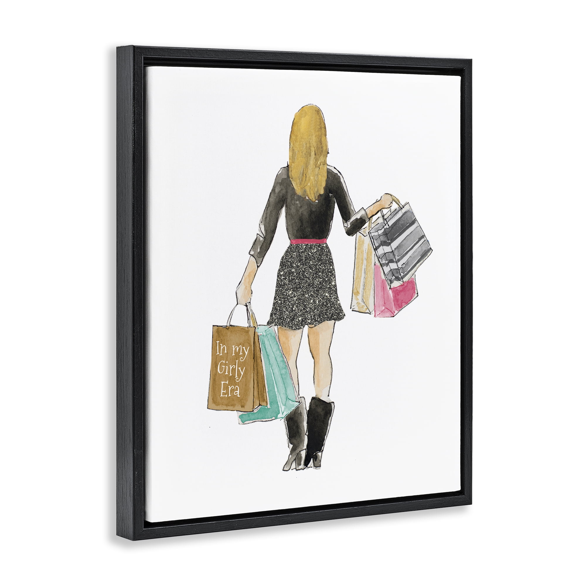Stupell Industries Girl With Shopping Bags Black Framed Floater Canvas Wall Art, design by Lanie Loreth
