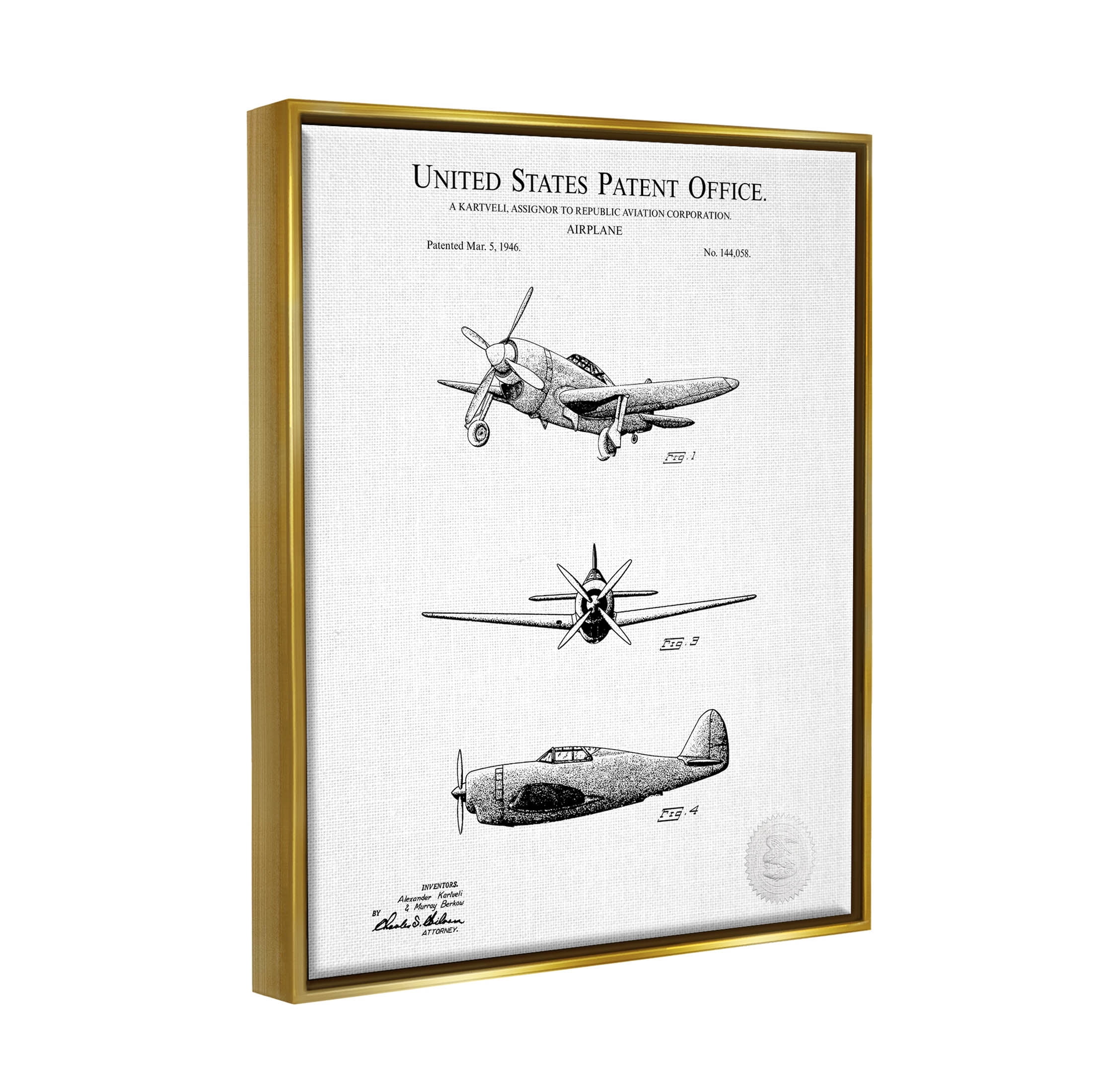 Stupell Industries Intricate Airplane Diagram Patent Graphic Art Metallic Gold Floating Framed Canvas Print Wall Art, Design by Karl Hronek
