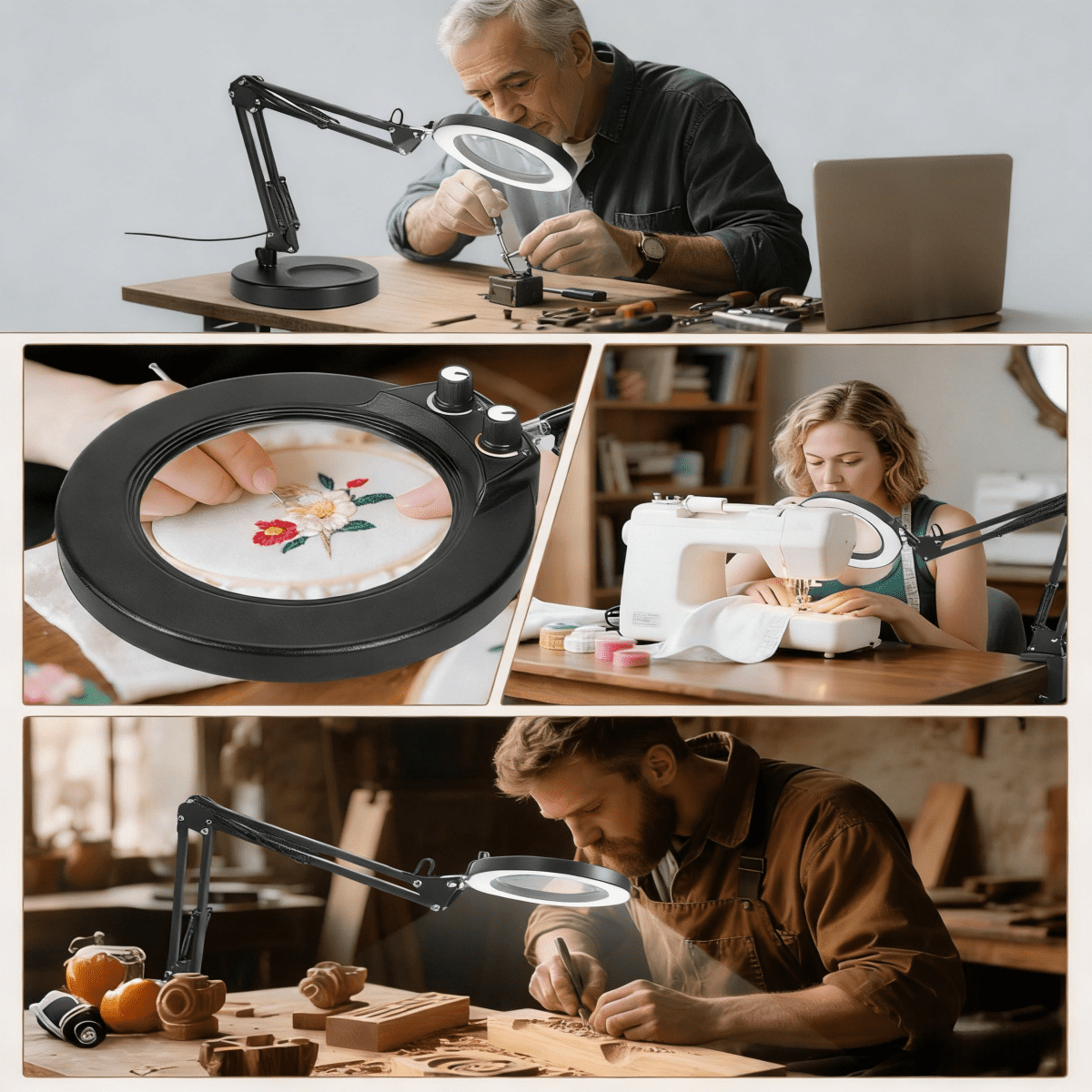 Magnifying Glass with Light and Stand, Real Glass Lens, Switch Knob for Multi-Color Modes Dimmable, LED Lighted Desk Lamp & Clamp, Hands Free Magnifier for Repair Craft Painting Close Work