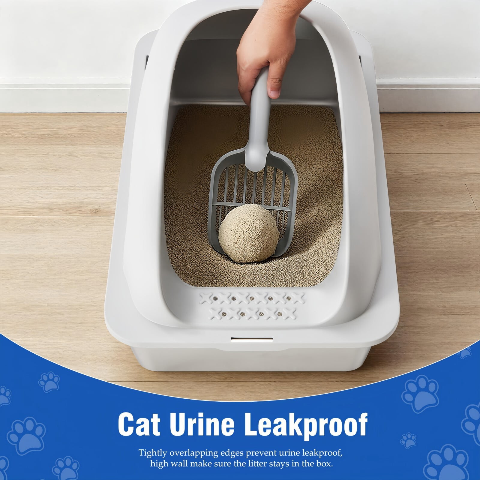 Kelno Cat Litter Box with Lid Scoop Mat High Wall Anti-Urine Leak Stainless Steel Litter Box, Light Gray