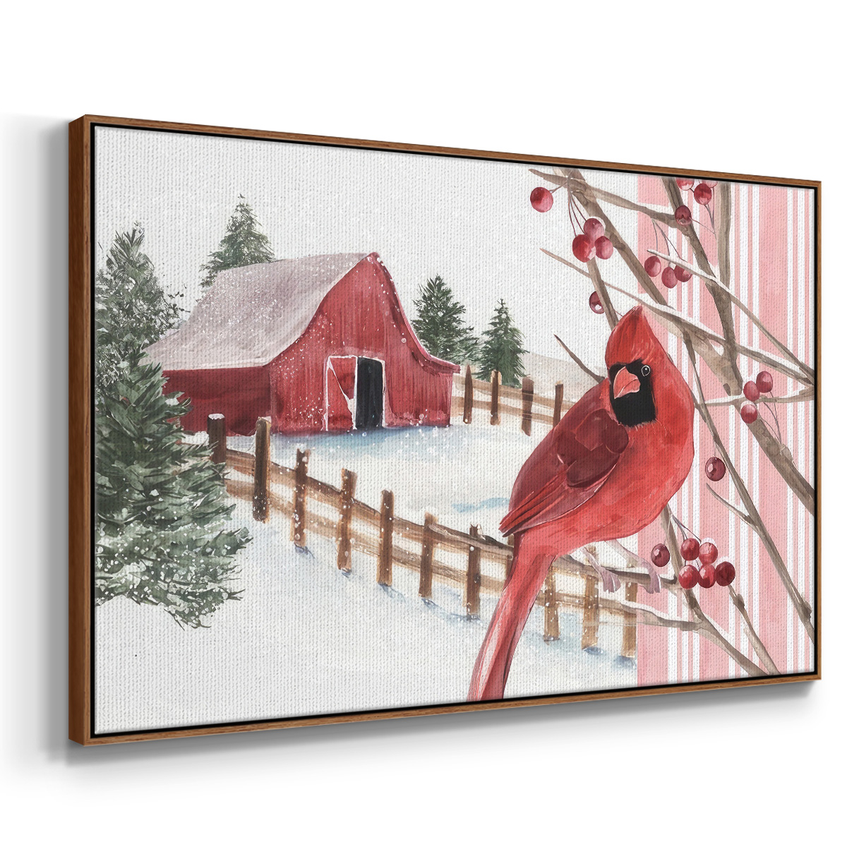 Winter Cardinal Collection A - Framed Gallery Wrapped Holiday Canvas - 17 x 25 - Rosewood Frame