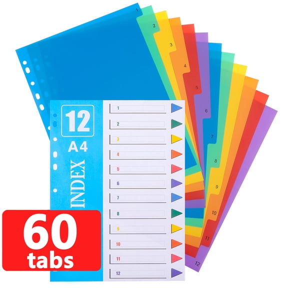sixwipe 60 Tabs Binder Dividers for 3 Ring Binders, File Notebook Dividers with 11 Pre-punched Holes, Plastic 5 Sets 12 Tabs Dividers for School Supplies and Office Workers