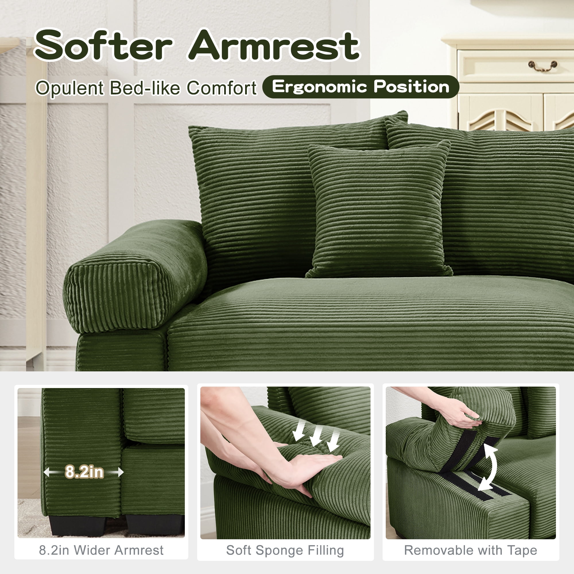 Anpport 170" Oversized Cloud Modular 4-Seater Green Corduroy Sofa, 12 Throw Pillows Included, Washable Removable Covers, Double-Layer Thick Cushions, Wide Armrest