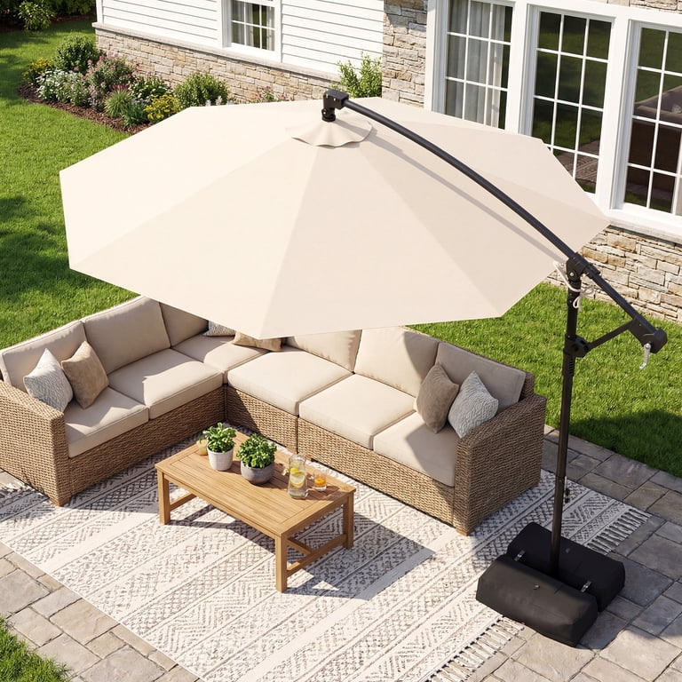 costway 10 ft patio offset cantilever umbrella with solar op70280 10 Feet Offset Hanging Umbrella with Base Patio Cantilever Umbrella with Tilt-Beige