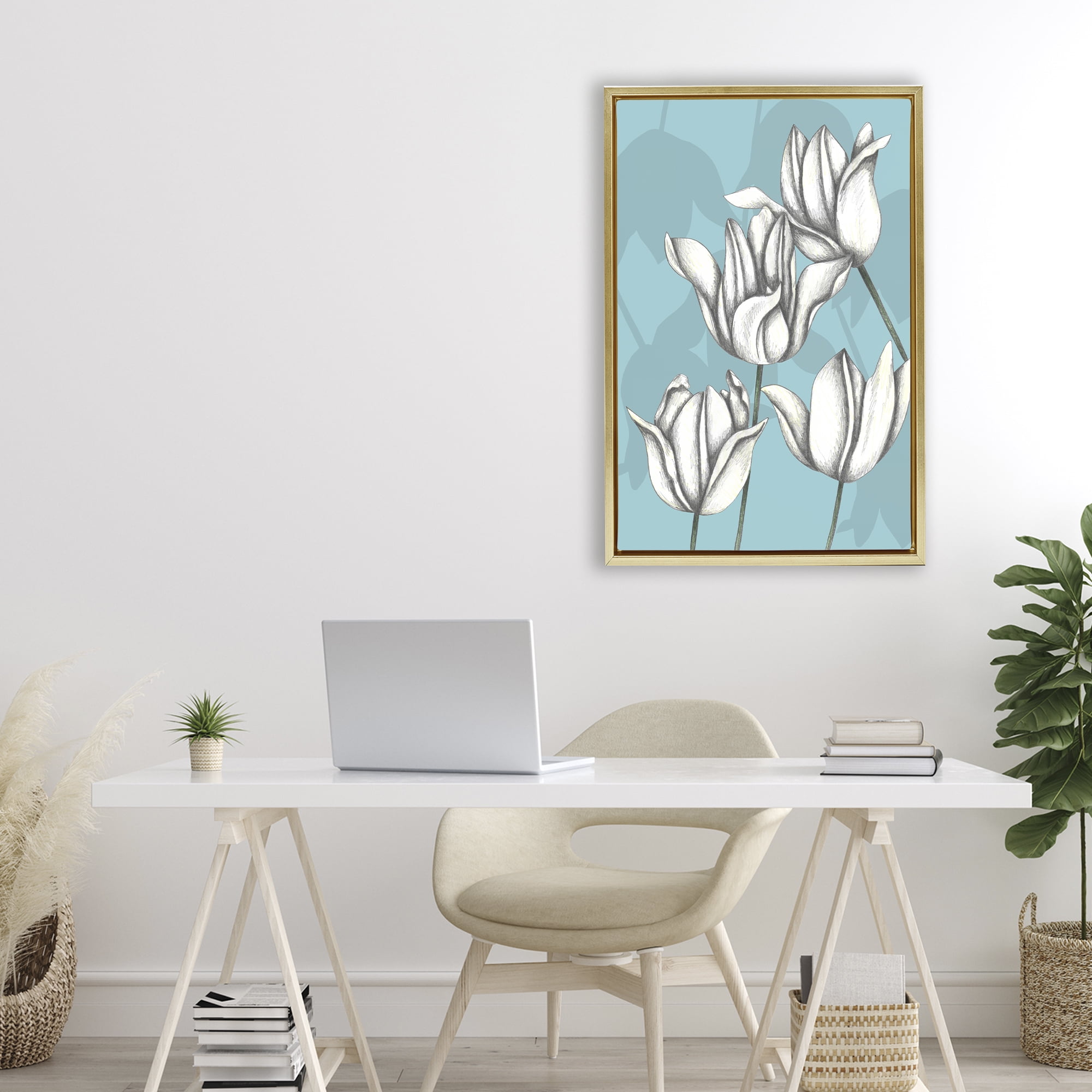Sketched Tulips Keep Growing Gold Framed Floater Canvas Wall Art, design by Cecilia Battaini