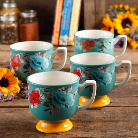 The Pioneer Woman Flea Market 15 oz Footed Decorated Mugs, Turquoise & Yellow, Set of