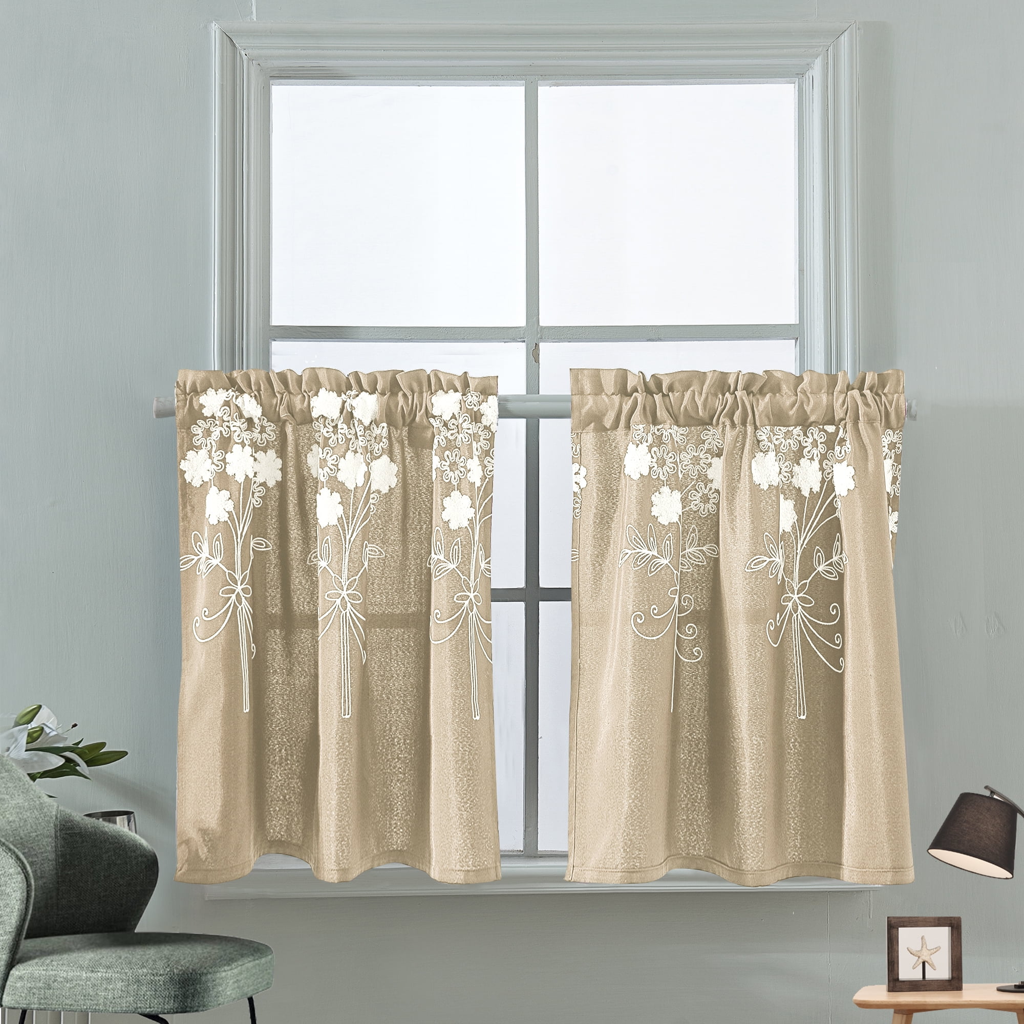 WINYY Romantic Floral Curtain Kitchen Short Sheer Curtain for Bathroom Window Dining Room Cafe Balcony Home Decor Rod Pocket Voile Tulle 1 Piece 39 Inch Wide, 42 Inch Long