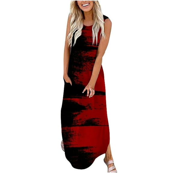 USSUMA Sun Dresses Women Summer Casual Sleeveless Boho Tshirt Loose Maxi Long Sundresses for Women Tie-Dye Print Plus Size Dress for Women Round Neck Graduation Dress