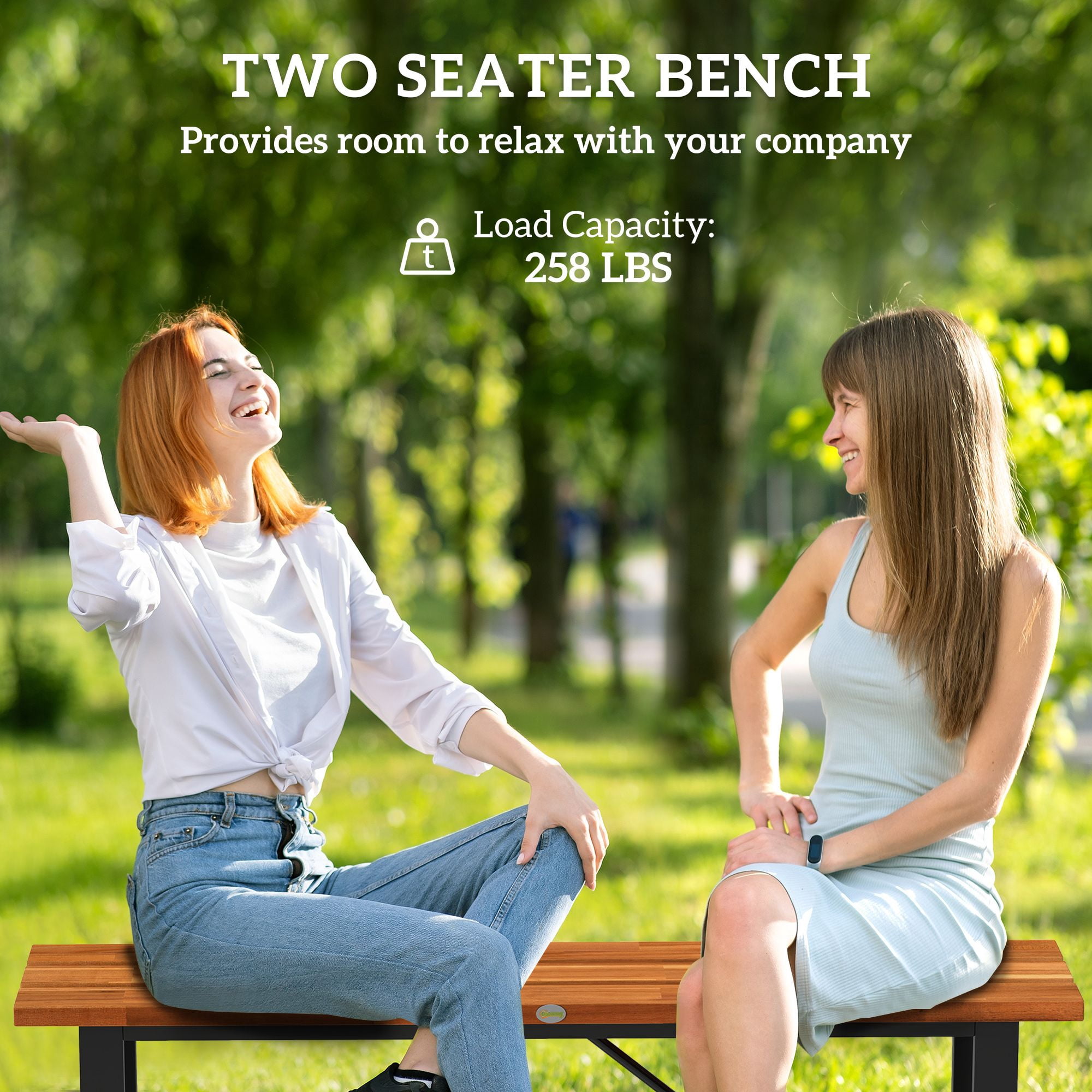 Backless Outdoor 2-Seater Bench, Varnished Acacia Wood Slat Seat Heavy Duty Rustproof Steel Frame Supports 528lbs, Patio Garden Park Entryway Bench Teak Finish & Black Frame