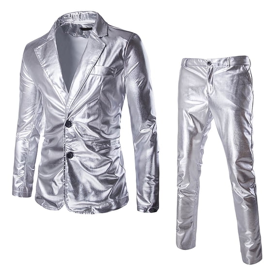 JAJAHO Mens Shiny Suit Set Metallic Two Piece Slim Fit Button Up Long Sleeve Suit Jacket And Pants Formal Performance Wear Stylish Outfit