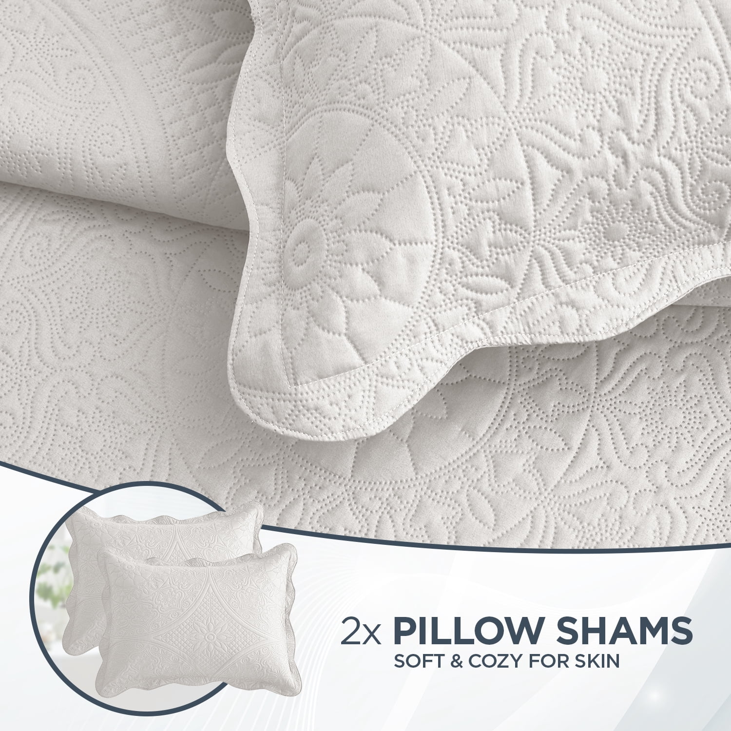 Moonlight Bedding Classic Collection Soft Touch Contemporary 2-Piece White Floral Quilt Set, Twin