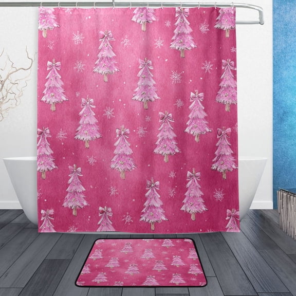 TTYFWHD 60" x 72" Shower Curtain and Bath Mat Set Cute Pink Christmas Trees Pattern Waterproof Bathroom Curtain with 12 Hooks, Bathroom Decor Set