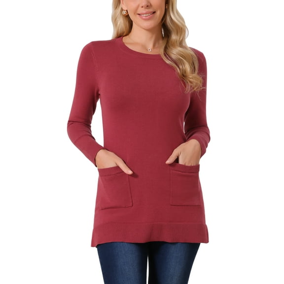 Women's Long Sleeve Sweaters Tunic Tops Loose Fit Casual Long Knit Shirt with Pockets S Dark Red