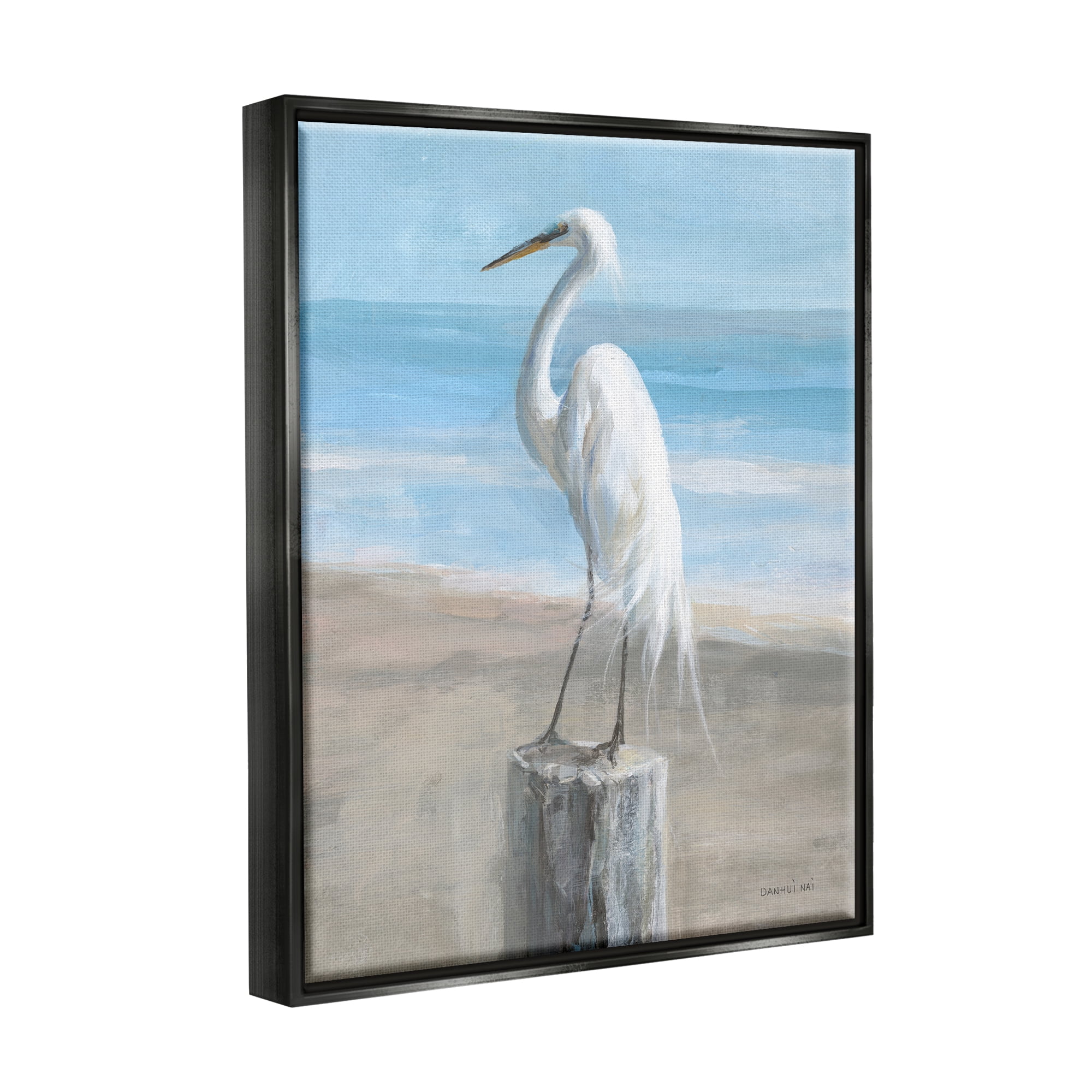 Stupell Industries Egret Coastal Landscape Animals & Insects Painting Black Floater Framed Art Print Wall Art, 25 x 31