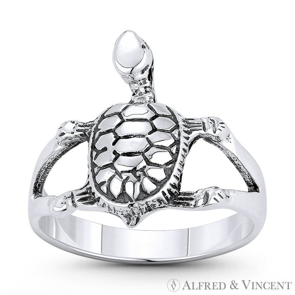 Tortoise / Turtle Spirit Animal Charm Right-Hand Stackable Boho Ring in Oxidized .925 Sterling Silver