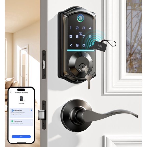 Veise Fingerprint Smart Lock with 2 Lever Handles, Keyless Entry Front Door Lock Set, App Control, Electronic Digital Keypad Deadbolt, Matte Black