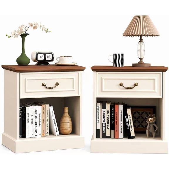 Nightstand Set of 2 with Drawer and Open Shelf, Wooden Bed Side Table for Bedroom, Modern End Table Side Table for Living Room, Small Night Stand Set 2 Furniture for Small Spaces (Beige)
