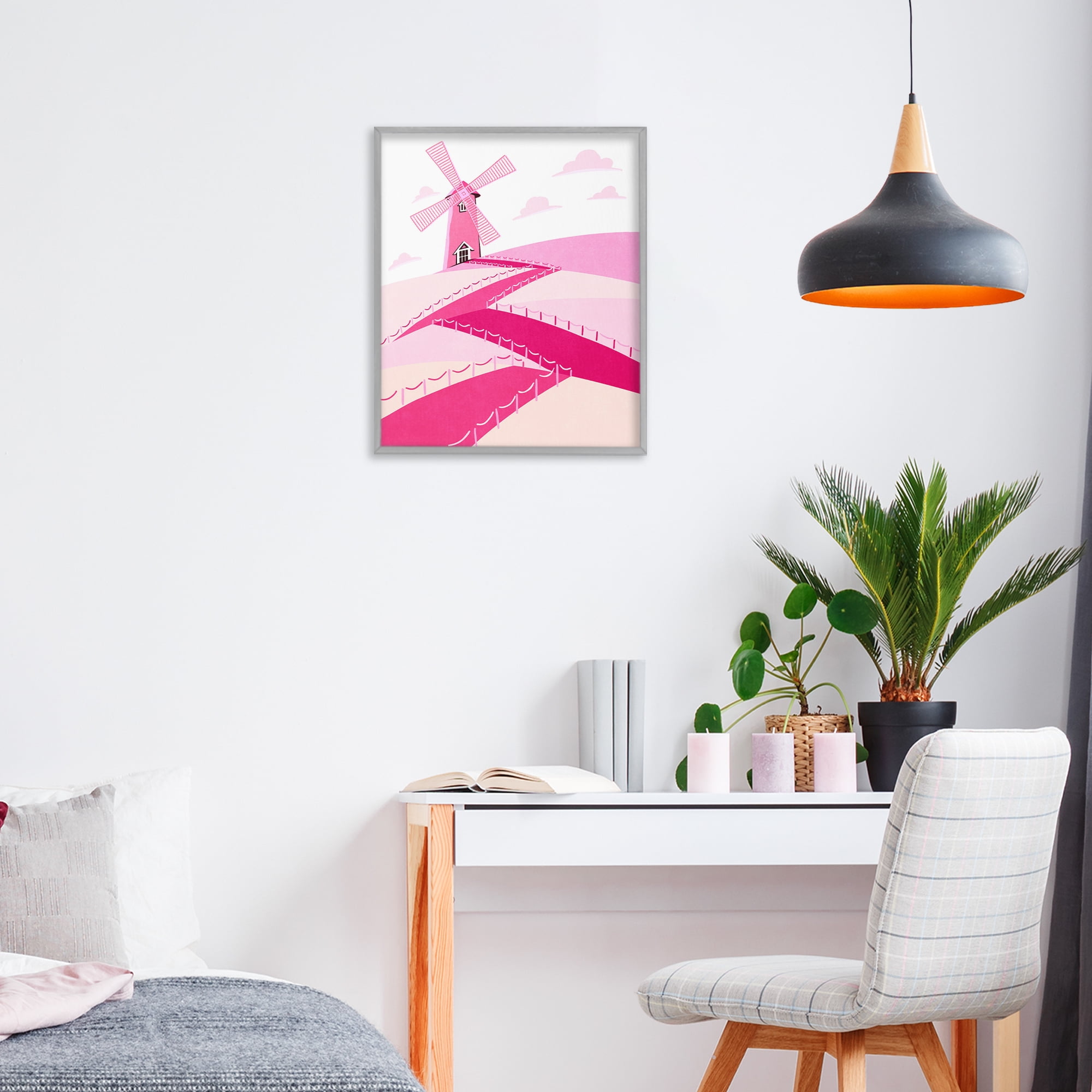 Pink Hills and Windmill Gray Framed Giclee Art, design by Ziwei Li