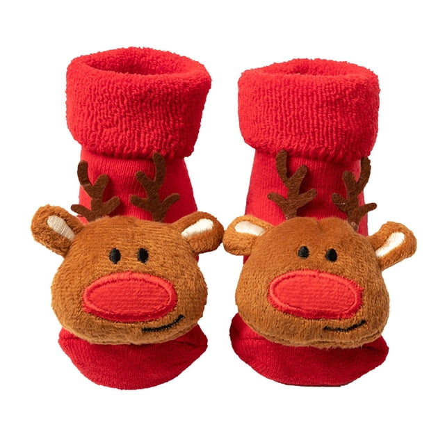 WUANDIXFA Animaux Chaussettes Mignonnes pour Filles, Chaussettes de Noël, Chaussettes d'Hiver Épaissies avec Dessins Animés, Chaussettes pour Bébé Antidérapantes, Chaussettes de Sol pour Bébé Rouges, 1-3 Ans